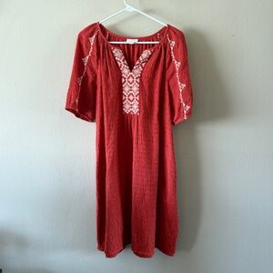 J. Jill Orange Red Embroidered Midi Dress Cotton Blend Coastal size L Petite